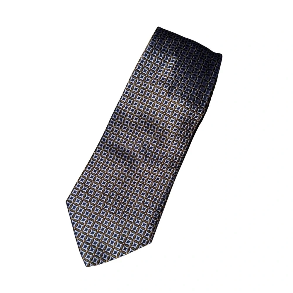 Banana Republic Tie OS Blue Gold Geometric Square Italian Made Silk Necktie